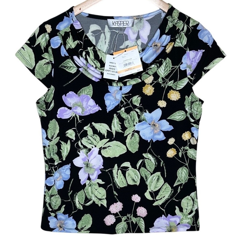 NWT Kasper Floral Print Cowl Neck Cap Sleeve Blouse size Small Black/Green